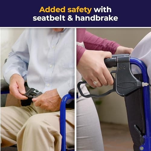 Drive Medical Lightweight Expedition Folding Transport Wheelchair with Hand Brakes - Portable Support - Large Rear Wheels - Compact Folding - Comfortable Design - Blue 5