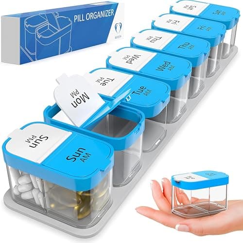 Extra Large Weekly Pill Organizer - XL Vitamin Holder with 7 Detachable AM PM Compartments - Portable Medicine Dispenser for Home and Travel, Big Supplement Container for Weekly or Daily Use, Blue