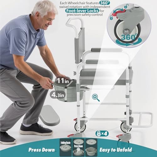 Littneo Bedside Commode with Wheels, Shower Wheelchair with 300 LBS Weight Capacity, Portable Toilet with Bucket for Elderly and Disabled 5