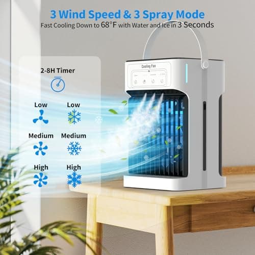 Portable Air Conditioners, Dual Motor & Fan Blades Evaporative Air Cooler with Remote, 3 Speeds & 3 Mist, Colorful Night Light Cooling Fan with 2-8H Timer, Personal AC Unit for Bedroom Office 5