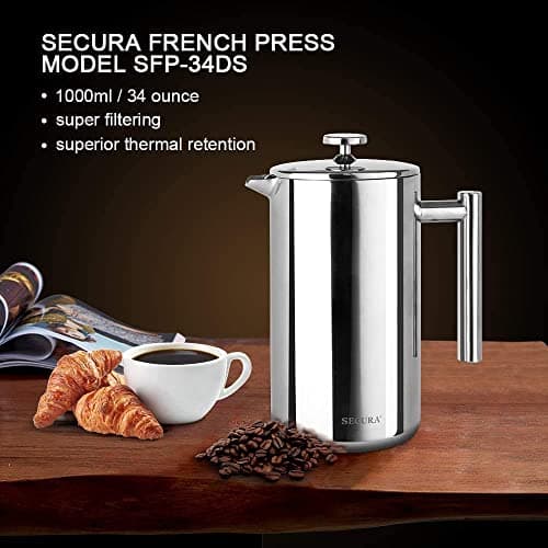 Secura French Press Coffee Maker, 304 Grade Stainless Steel Insulated Coffee Press with 2 Extra Screens, 34oz (1 Litre), Silver 7