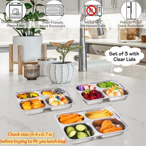 Stainless Steel Snack Containers with Lids - 3 Pack - Large 4-Compartments Bento Snack Boxes - Meal Prep Lunch Containers for Kids Adults - Divided Food Storage Container for School Home Travel 7