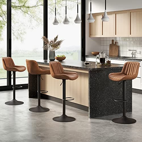 Volans Bar Stools Set of 4, Mid Century Modern Faux Leather Swivel Adjustable Height Bar Stool, Counter Height Pub Bar Chair with Back, Black Powder Coated Base, Yellow Brown 6