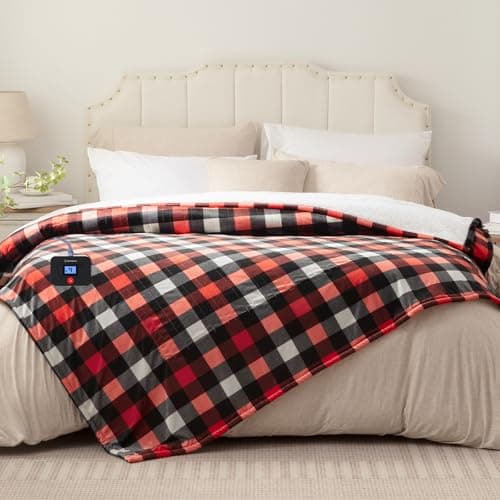 Westinghouse Electric Blanket, Plaid Sherpa Heated Blanket, 10 Heating Levels & 1-12 Hours Time Settings, Red, 62"x84" Twin Size