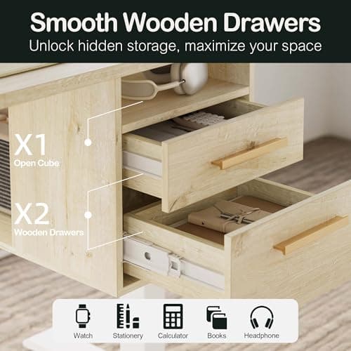 ModernMate Electric Standing Desk with 4 Drawers, 46 x 28 Inch Height Adjustable Whole Piece Sit Stand Desk, Computer Home Office Workstation with Open Storage Shelf, Light Wood 7