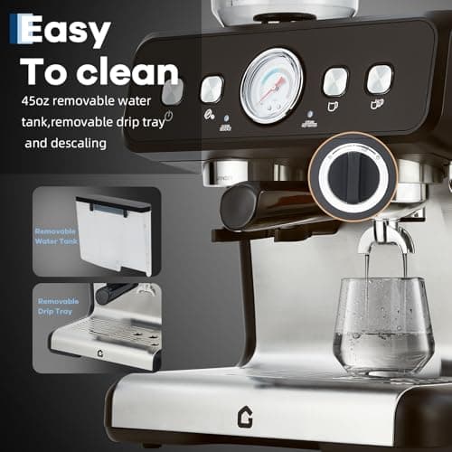 Garvee Stainless Steel Espresso Machine with Grinder & 20 Bar Pressure, 2.8L Removable Water Tank, Milk Frother Steam Wand for Latte/Cappuccino - Adjustable Shot Volume, Professional Home/Office Use 6