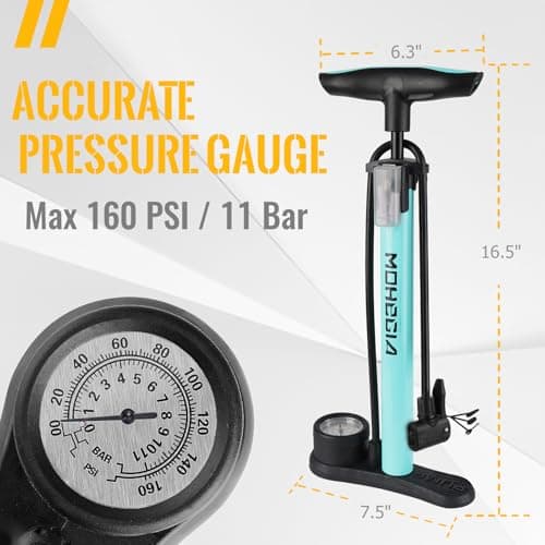 MOHEGIA Bike Floor Pump with Gauge,Air Bicycle Pump Inflator with High Pressure 160 PSI,Fits Schrader and Presta Valve/Blue 4