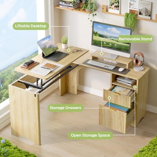 Bestier L Shaped Desk with Lift Desktop, 55 inch Corner Desk with Fluted Panel Deisgn Drawers, Modern Office Desk with File Drawer (Natual Oak, 55'' x 55'' Lift Top) 5