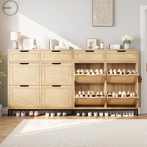 Shoe Cabinet Storage for Entryway Rattan Hidden Shoes Storage Cabinet Narrow Shoe Organizer with 4 Flip Drawers, Free Standing Wood Shoe for Foyer Hallway (Wood, 4 Flip Drawer) 7