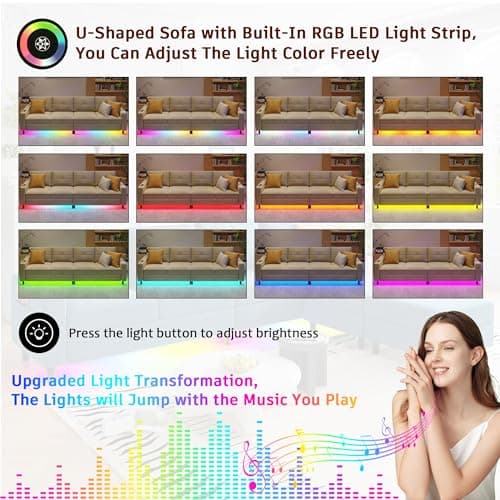 FOMNEY Sectional Couche for Living Room, Modular U Shaped Sofa Couchs with RGB Lights and Charging Ports, 6 Seat Convertible Sectional Sofa with Storage Ottoman (Beige) 7