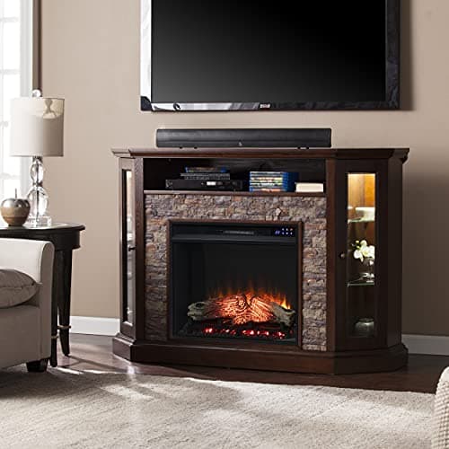 SEI Furniture Redden Faux Stone Corner Convertible Electric Fireplace with Media Storage, New Espresso 5