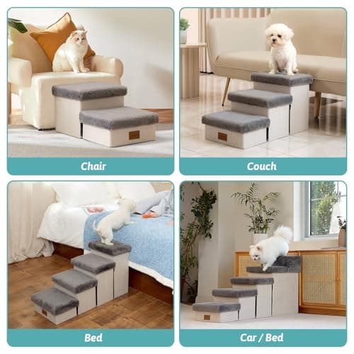 COZY KISS Dog Stair for Small Dogs with Storage, Foldable Pet Step with Soft Cover, Older Cat Ramp for Chair Couch Sofa, Lightweight, Durable, Comfort, 24.8x13x13.6 inch, 3 Tiers, Grey 7