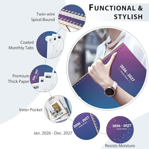 Ymumuda 2026 Monthly Planner - 2 Year Monthly Planner, JAN.2026 to DEC.2027, 8.5" x 11", Large Calendar with Spiral Bound, 24 Coated Tabs,24 Months Perfect for School & Office Schedule,Blue & Purple 6