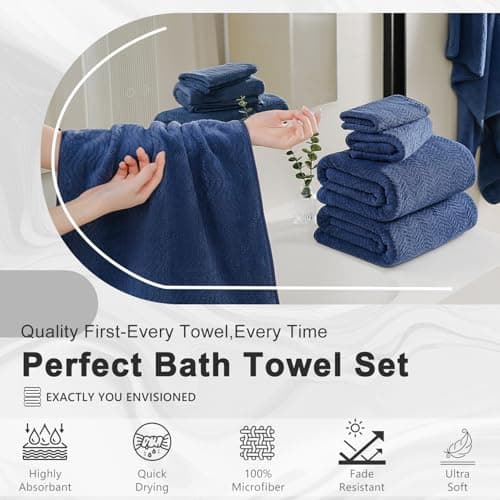 8 Piece Bath Towel Set Navy |2 Oversized Large Bath Sheet,2 Hand Towels,4 Washcloths| Ultra Soft Cozy Bath Towel Set for Bathroom Hotel Gym Spa,Highly Absorbent & Quick Dry Bathroom Towel Collections 6