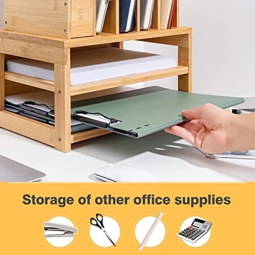Homde Bamboo Desk Organizer with File Holder, Office Organization for Desks with Adjustable Pen Holding, Desktop Letter Paper Tray Storage for Workplace Home School (3-Tier,Natural) 5