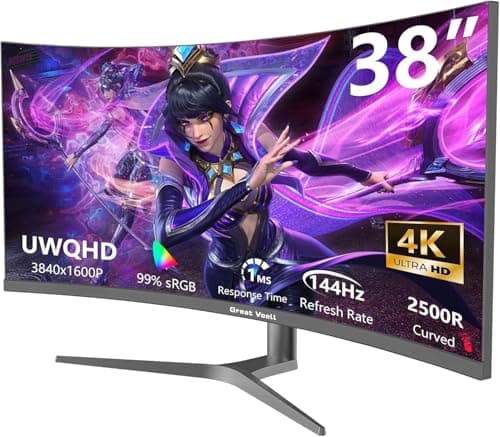 Great voell 38-Inch Ultrawide Curved Gaming Monitor – 144Hz, UWQHD 3840x1600, 1ms Response, AMD FreeSync, HDR, 99% sRGB, Anti-Blue Light, VESA Mount, HDMI 2.0 & DP 1.4 – Adjustable Stand