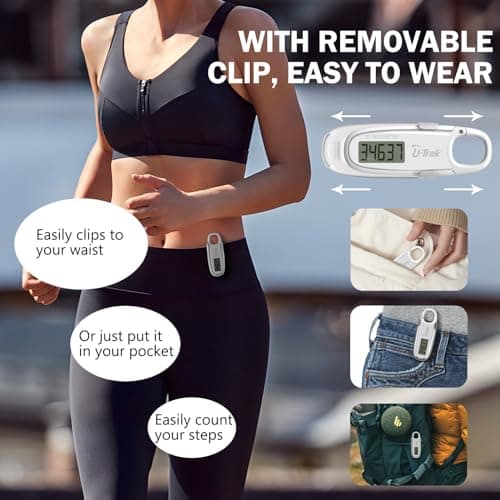 3D Pedometer for Walking with Removable Clip and Carabiner Simple Step Counter for Walking Accurate Clip On Step Tracker for Men Women Kids (White) 6