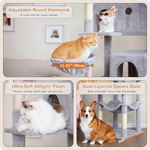 Ouritsu Cat Tree, 73.6 inch Tall Cat Climbing Tower for Large Cat Indoor with 2 Large Condos, 2 Widened Perches, Sisal Covered Scratching Posts, 2 Hammocks, Light Gray, XLF001GA 5