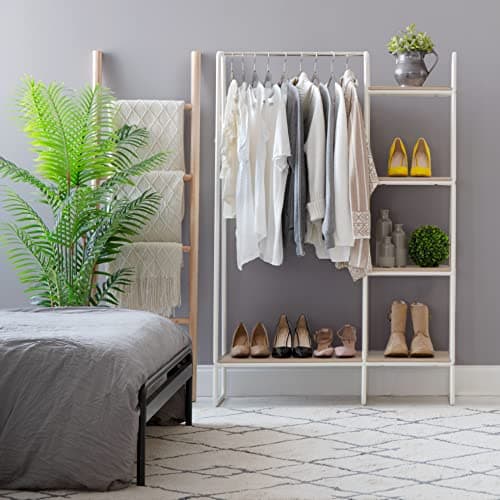 IRIS USA Clothes Rack for Hanging Clothes with 4 Wood Shelves, Freestanding Clothing Rack, Easy to Assemble Garment Rack, Metal, Sturdy Design, Multipurpose, Small Space Storage Solution, White 8