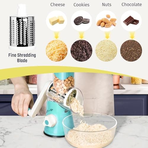 X Home Rotary Cheese Grater for Kitchen, Shredder with 3 Interchangeable Blades, Rotary Grater with Handle and Strong Suction Base, for Vegetables, Fruit, Nuts, Easy to Use and Clean, Blue 5