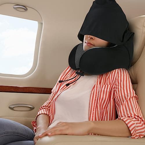 Cirorld Neck Pillow for Travel, Memory Foam Travel Pillow with Hood, Adult Airplane Pillow for Head Rest Neck Support, Portable Pillow for Office Cars Trains Long Flights Sleeping (Black) 8