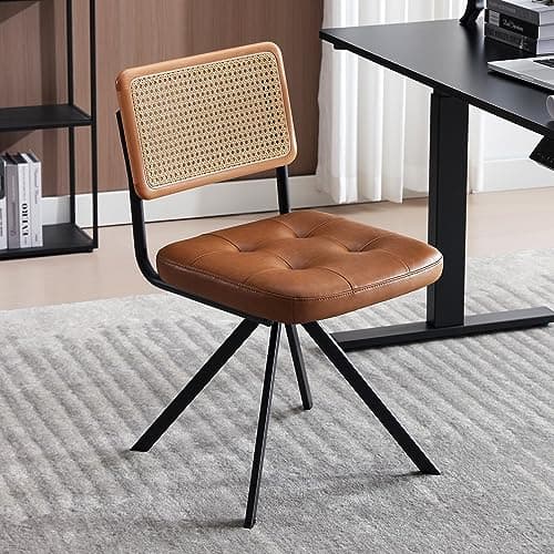 Zesthouse Rattan Desk Chair No Wheels, Mid Century Modern Home Office Chair with Cane Mesh & Wooden Back, Vintage Faux Leather Swivel Accent Chair, Upholstered Armless Computer Task Chair,Brown