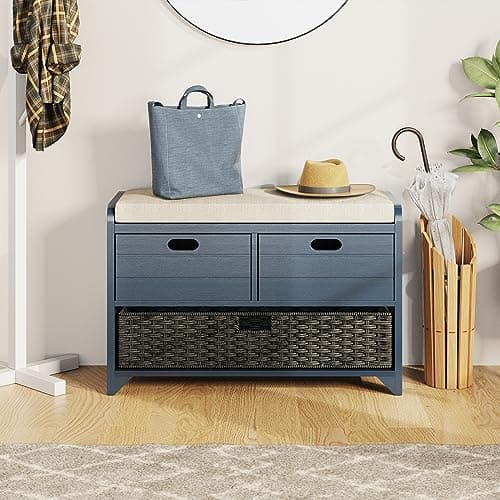 LOVMOR 32" Storage Bench with Removable Basket and 2 Drawers, Navy Wooden Entryway Bench with 250 lbs Weight Capacity 11