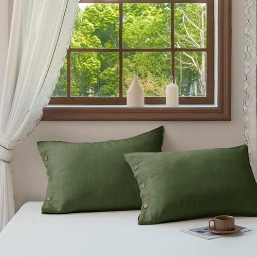 EVERLY 100% Linen Pillowcases Set of 2, French Linen from Normandy, 20X26Inch Standard Size, Natural Color, Coconut Buttons Closure, Flax Pillowshams-Pillowcase-Mossy Green