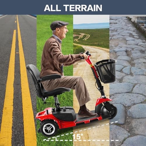 COCOLHOME 3-Wheel Electric Mobility Scooter Collapsible Portable Power Mobile Scooter for Adults and Seniors, Compact Duty for Travel with Long Range Extended Battery, Headlight, Red 6