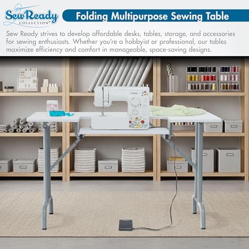 Sew Ready Folding Multipurpose Sewing Table - 47.5" W x 28" D Foldable White Hobby and Sewing Machine Table with Adjustable Shelf - Can Also Be Used as Computer Desk 7