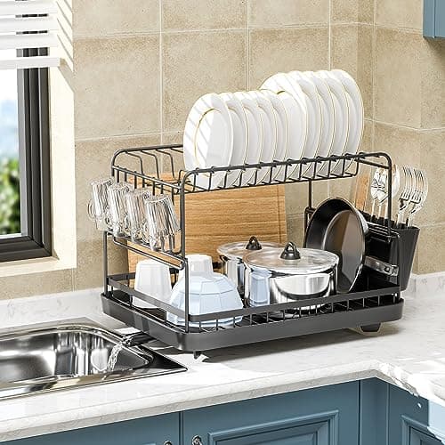 TOOLF Dish Drying Rack, 2 Tier Dish Rack for Kitchen Counter, Dish Drainer with Cutlery & Cup Holder Auto Drainage System, Black 9