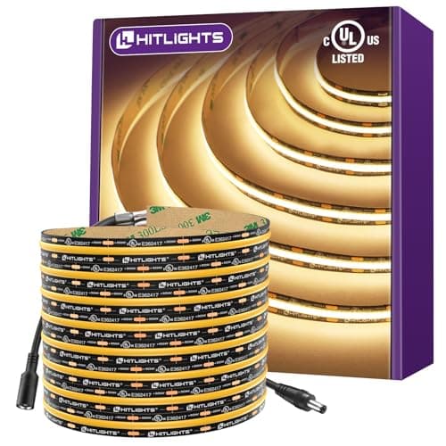 HitLights COB LED Strip Lights Warm White 3000K, 16.4ft Premium 12V Tape Light High Density, 2400 LEDs, 305+ LM/FT, CRI 90+, IP30, Lighting for Kitchen, Cabinets, UL Listed (Power Source Not Included)