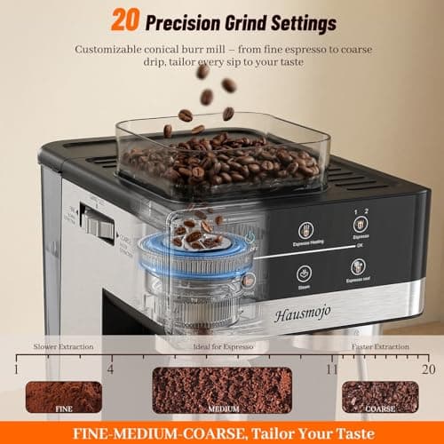Hausmojo Espresso Machine with Grinder, 20Bar Expresso Coffee Machines with Milk Frother, Professional Compact Stainless Steel Coffee Maker for Espresso, Latte & Cappuccino, Perfect for Home Use 3