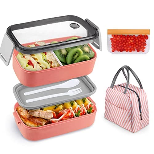NatraProw Bento Box For Adults BPA-Free Leak Proof 3 Compartment Lunch Box Kit With Detachable Divider, Lunch Bag, Stackable Lunch Containers Pink
