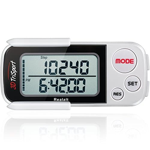 Realalt 3DTriSport 3D Walking Pedometer with Clip & Strap, Accurate Step Counter with 30-Day Memory, Distance in Miles/KM Large Display Perfect for Seniors & Beginners eBook Included - White