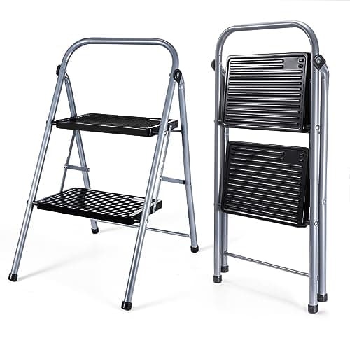 Delxo 2 Step Stool Folding Step Ladder Two Stepstool with Handrails,Heavy Duty Sturdy Small Compact Ladder Portable Anti-Slip Safety Kitchen Stepladder Metal 2ft Folding Step Stools for Adults (Grey) 7