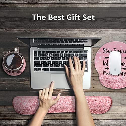 iCasso Mouse Pad,Large Pink Desk Mat Set, 4in1 XXL Mousepad + Keyboard Wrist Rest+Mouse Wrist Rest+Coaster with Ergonomic Desk Pad for Home Office Table Computer Cover -Pink Stay Positive 7