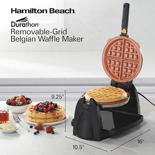 Hamilton Beach Belgian Waffle Maker with Removable PFAS-Free Durathon Nonstick Coated Plates, Easy Flip, Ceramic Grids, Black (26031) 10