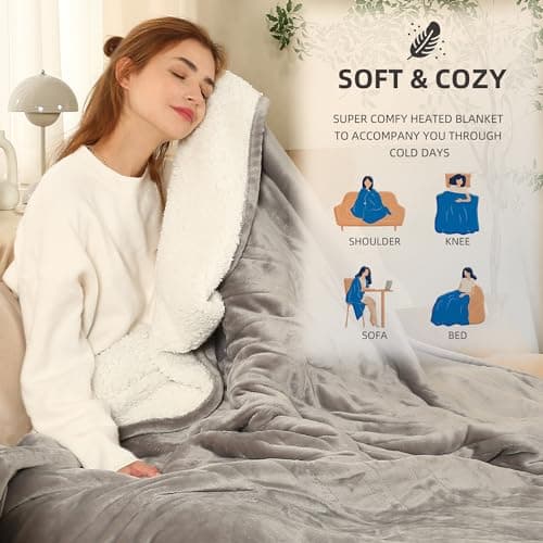 ESTINGO Heated Throw Blanket Electric Blanket Throw, Heated Blanket with 5 Heating Levels & 4 Hours Auto Off, Super Cozy Soft Sherpa Heating Blanket with Fast Heating for Bedding, 50"x60", Light Gray 6