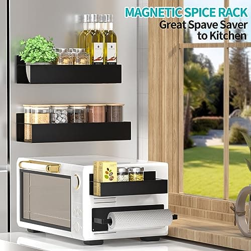 Mamajardin 3 Pack Magnetic Spice Rack Organizer for Refrigerator, Fridge Shelf for Kitchen Organizers and Storage, Metal Spice Racks with Magnetic Paper Towel Holder, Perfect Gifts, Black 8