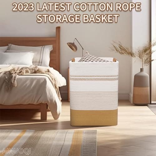 AINUOQI Laundry Hamper Large Laundry Basket with Leather Handles, Decorative Storage Cotton Rope Woven Basket for Blankets, Clothes Hamper for Living Room, Jute & White, 85L 5