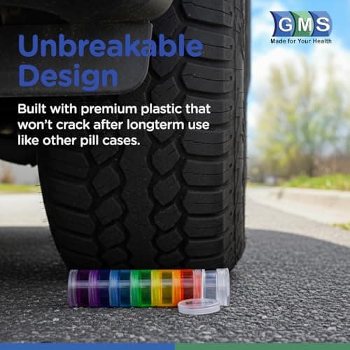 GMS 7 Day Medicine Pill Organizer - Unbreakable Stackable Pill Box, Easy to Screw Together Lid - Ideal for Travel, Fits Small Tablets & Vitamin Supplements, Organize Your Weekly Medicine, Medium 7