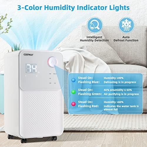COSTWAY 2000 Sq. Ft Dehumidifier for Large Room & Basement, 32 Pint Dehumidifier with Drain Hose, 4 Modes, 2 Speeds, 24H Timer, Auto Defrost, 3-Color Digital Display 5