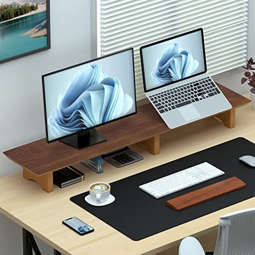 Aothia Solid Wood Dual Monitor Stand Riser for Desk, 43 Inch Black Walnut Computer Monitor Riser with Cork Legs, Extra Long Desktop Organizer Shelf for 2 Monitors, Laptop & Printer 5