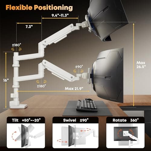 PUTORSEN 17-49”Premium Aluminum Heavy Duty Dual Monitor Arm for Ultrawide Screens up to 44lbs, Vertical Stacked Dual Monitor Desk Mount, Full Motion Dual Vertical Monitor Mount, VESA 75/100, White 5