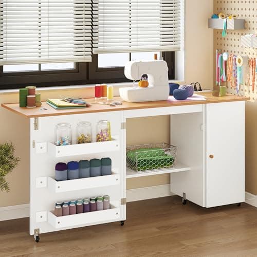 DWVO Large Folding Sewing Table with Charging Station, Multipurpose Craft Table with Compact Design, Sewing Cabinet with Lockable Casters, Storage Shelves, Magnetic Doors, White 6