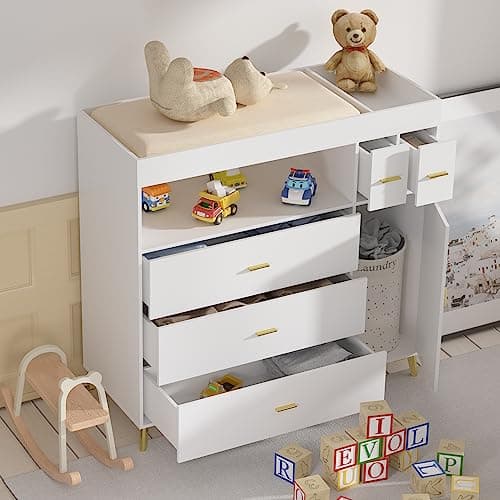 PAKASEPT Changing Table with Drawers, Changing Table Dresser with 5 Drawer & Cabinet 5