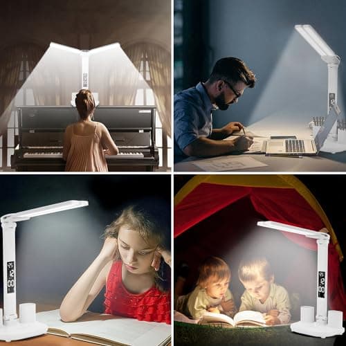 GNQJDC LED Desk Lamp Light with 2 Pen Holders, Time, Date, Temperature Display, Dimmable, 3 Color Modes, Touch Control, Foldable,Eye-Caring Table Lamp for College Dorm Room Office Home Reading Study 6