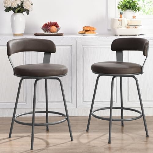 FERFALDER 24 Inch Swivel Counter Height Bar Stools Set of 2, Modern Backs, Leather Counter Stools for Kitchen Island, Brown