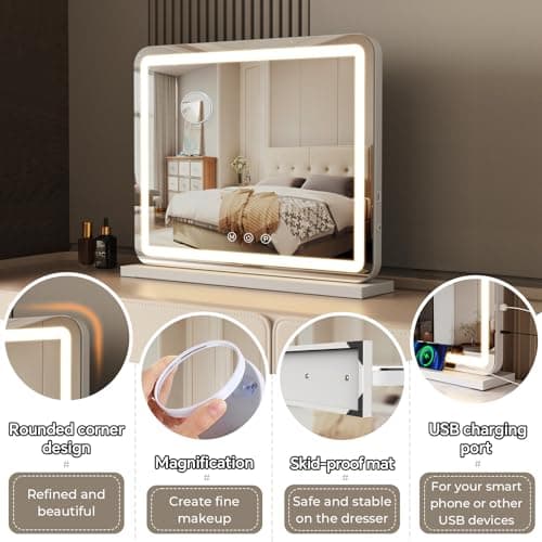 ZL ZELing Vanity Mirror with Lights, 23 Inch Large Makeup Mirror with LED Lights, Smart Touch Dimmable 3-Color Light, Memory Function, USB Charging Port, and Magnifying Glass 5